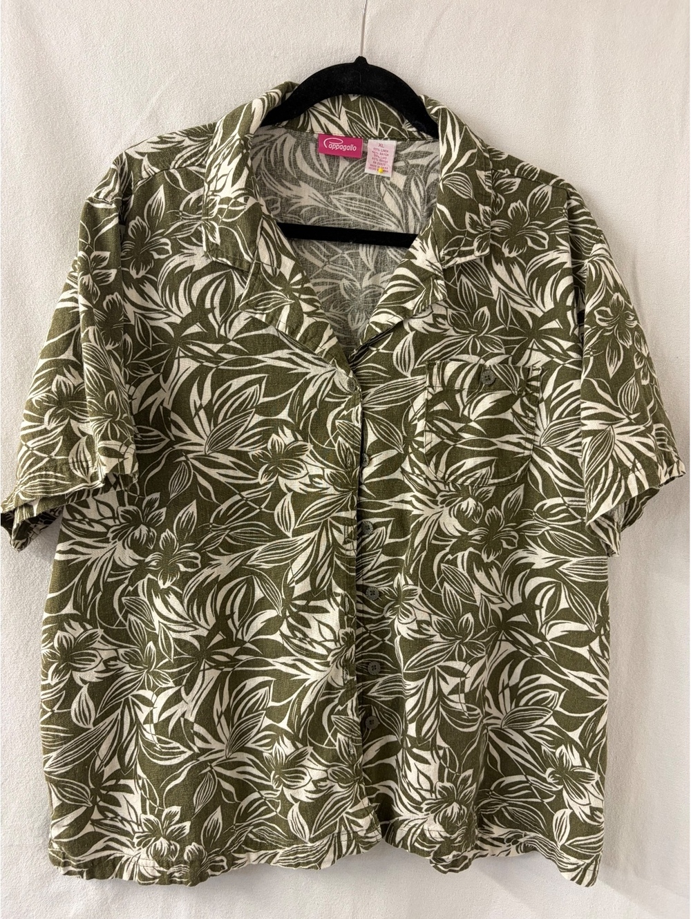 Cappagallo XL Linen Rayon Tropical Floral Button Front Shirt Olive Green